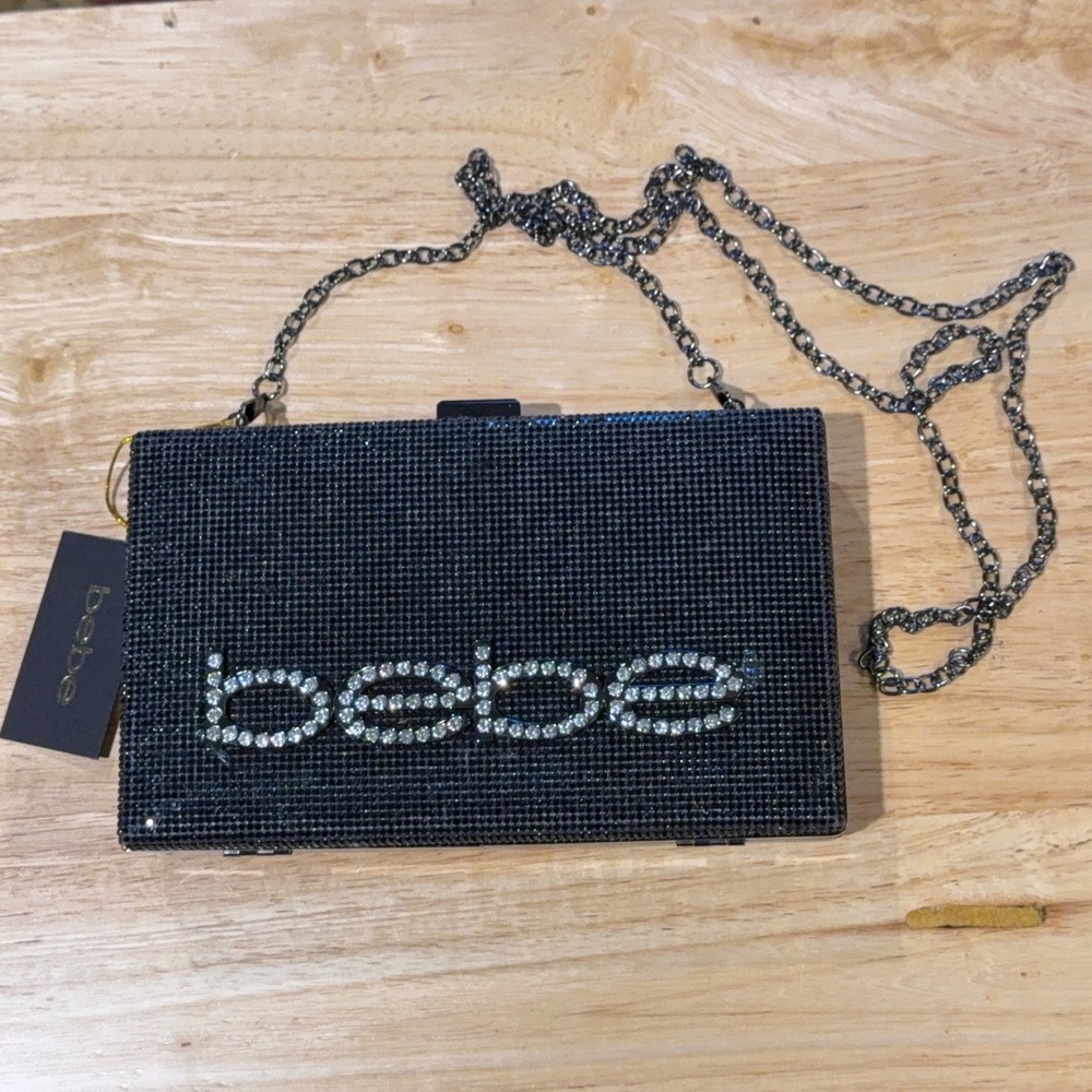 Bebe Black Rhinestone Logo Evening Box Clutch Detachable Chain Strap NWT
